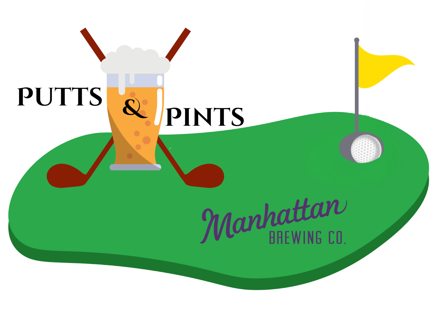 Minigolf green with pint of beer in front of crossed golf putters, Manhattan Brewing Co. logo